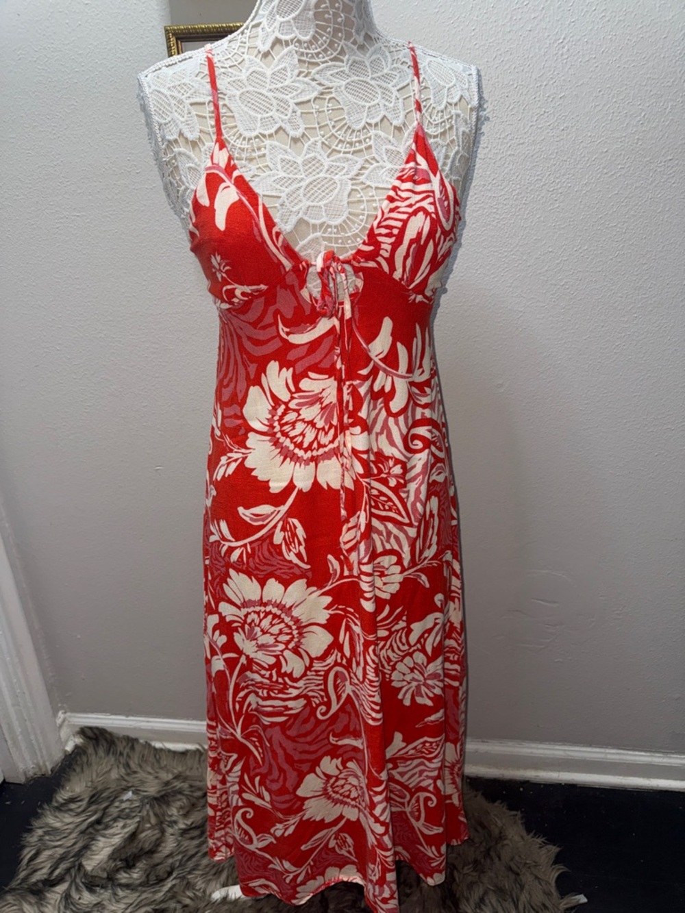PAPER HEART Red Floral Maxi Slip Dress with Ivory Bloom Pattern